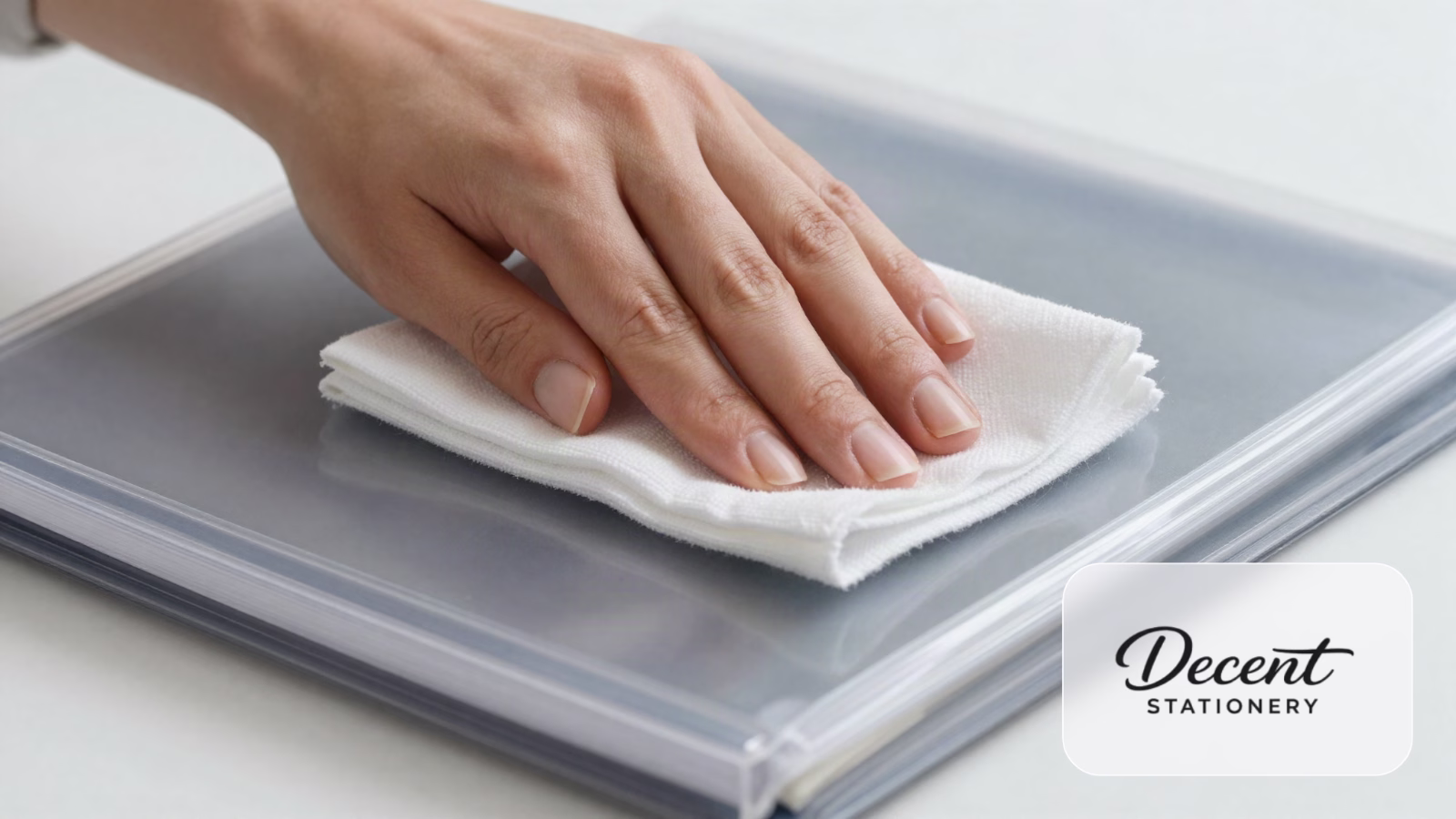 Hand cleaning a transparent plastic book cover with a soft cloth