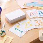 Colorful DIY flash cards for kids with markers and paper on a wooden desk - Decent Stationery