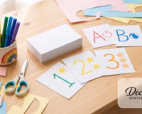 Colorful DIY flash cards for kids with markers and paper on a wooden desk - Decent Stationery